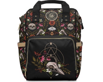 Dark Cottagecore Backpack / Diaper Bag - Witchy Enchanted Forest w/ Skulls & Florals - Hauntingly Beautiful Gothic Design Baby Shower Gift