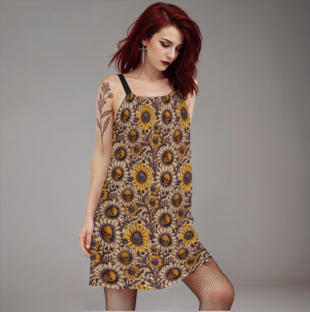 Sunflower Skull Cotton Dress, Spooky Autumn A-Line Cami Sundress w/ Gothic Floral Print in Gold & Purple, Dark Goth Fashion Gift for Witch