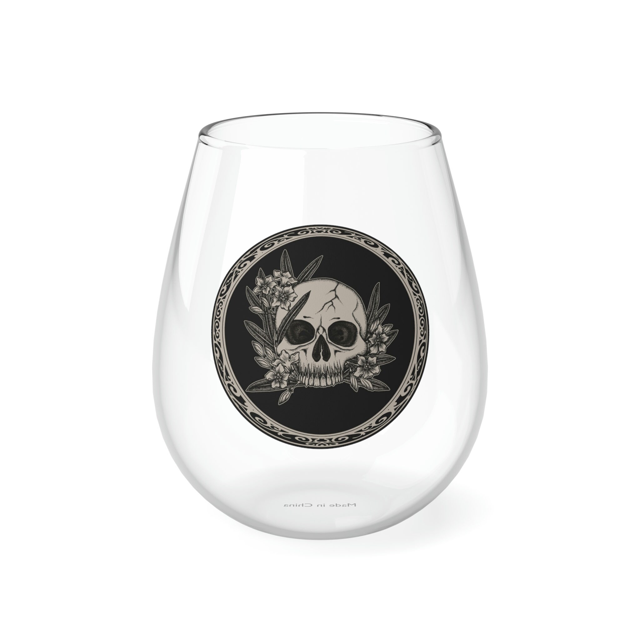 Western Floral Skull Etched Stemless Wine Glass