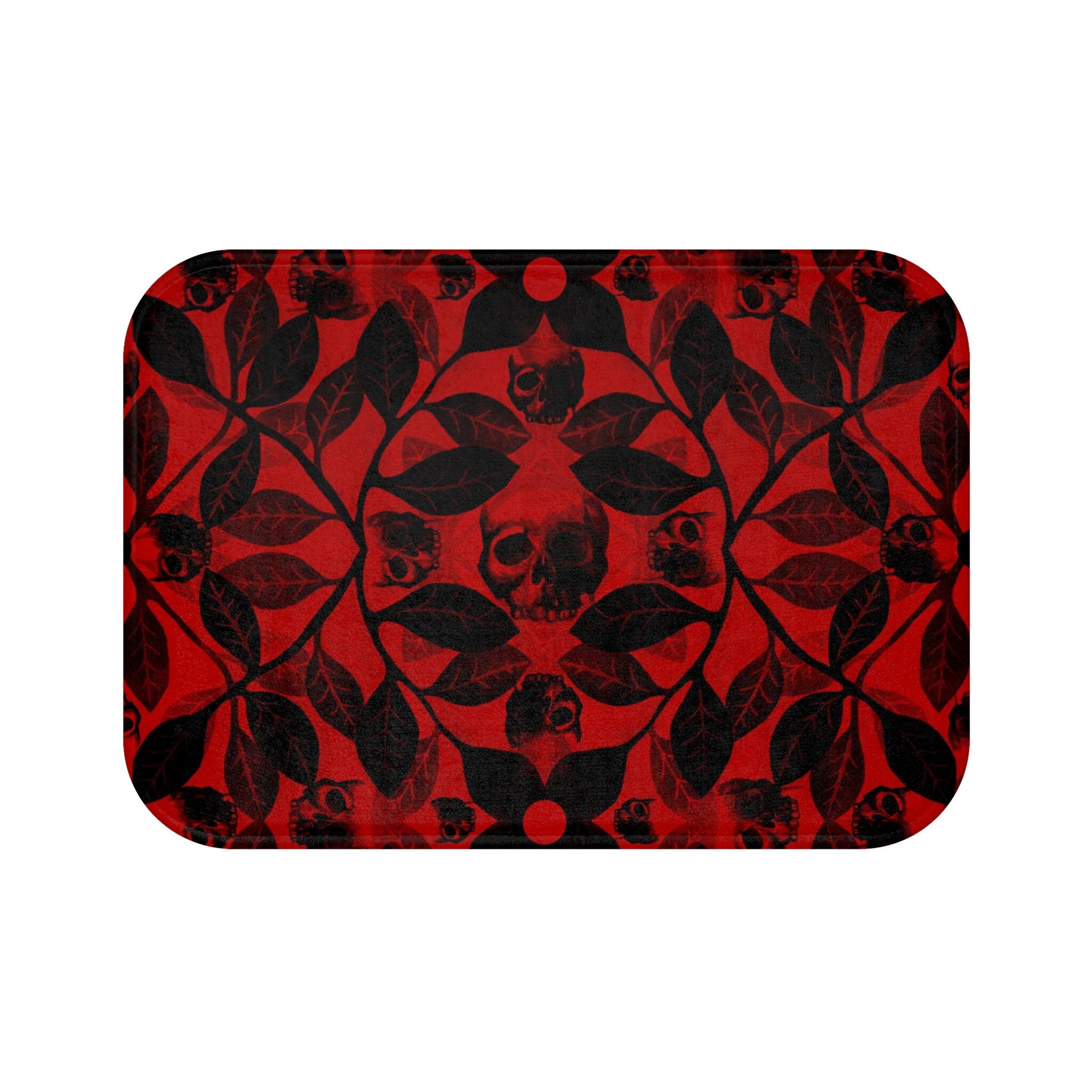 Blood Bath Rug Gothic Watercolor Bath Mat, Spooky Skull Botanical Bones Blood Red ...