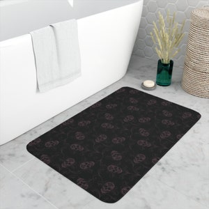 Dark Skull Bath Mat, Elegant Gothic Academia Human Skeleton Shower Rug in Black & Eggplant. A Spooky Whimsigoth Witchcore Home Decor Accent image 4