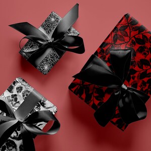 Spooky Gift Wrap Pack, Black, White and Red Halloween Wrapping Paper Sheets w/ Watercolor Skulls, Goth Spider Webs, and Witchy Botanicals image 2