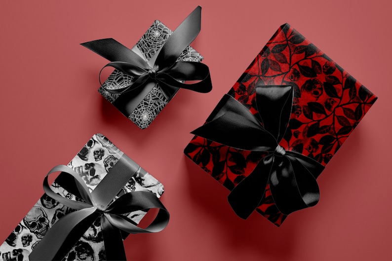 Spooky Gift Wrap Pack, Black, White and Red Halloween Wrapping Paper Sheets w/ Watercolor Skulls, Goth Spider Webs, and Witchy Botanicals image 2