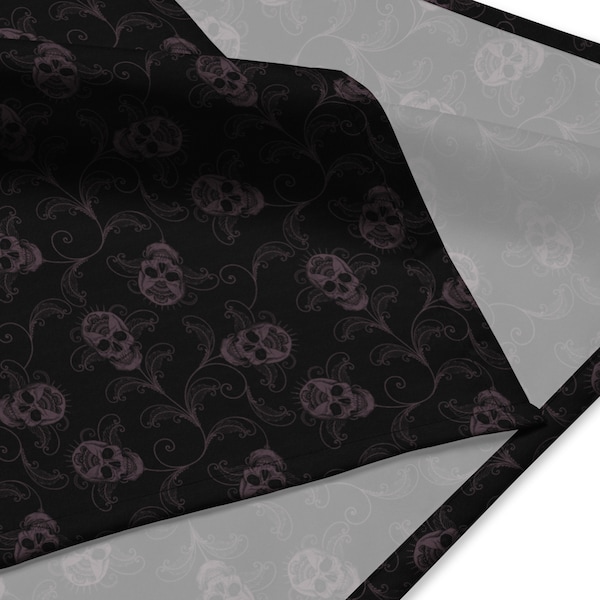 Dark Skull bandana, Elegant filigree floral cloth for witchy headscarf, tarot wrap, gothic dog collar, spooky academia hankie or goth scarf