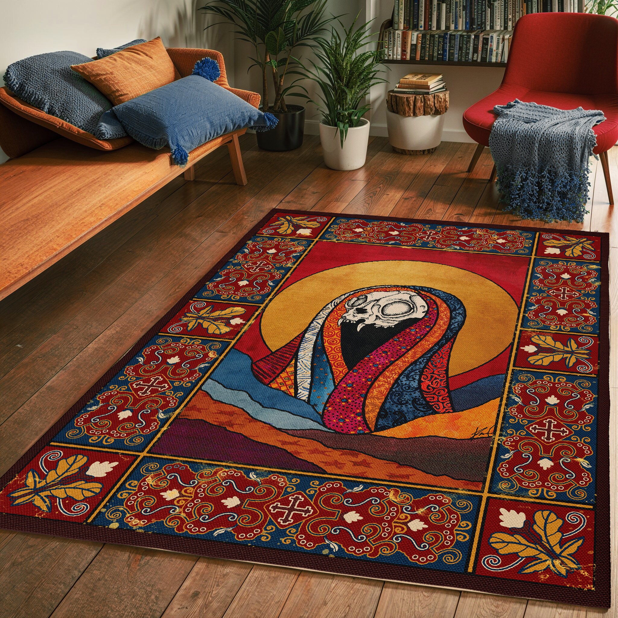 Macabre Maximalist Area Rug, Gothic Cat Skull Art Vintage Persian