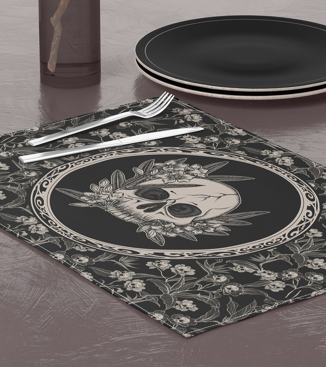 Gothic Floral Placemat, Spooky Tiki Skull & Flower Cloth Table Place ...