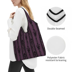 Borsa per la spesa con scheletro color malva, borsa per la spesa pieghevole e riutilizzabile in stile gotico vittoriano con teschi danzanti barocchi rosa, regalo spettrale e carino per la mamma gotica immagine 2