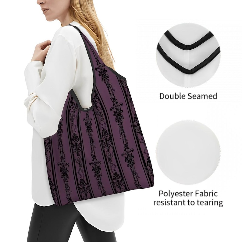 Borsa per la spesa con scheletro color malva, borsa per la spesa pieghevole e riutilizzabile in stile gotico vittoriano con teschi danzanti barocchi rosa, regalo spettrale e carino per la mamma gotica immagine 2