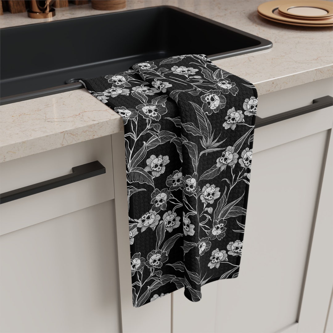 Gothic Floral Tea Towel, Spooky Black & White Skull Flower Kitchen
