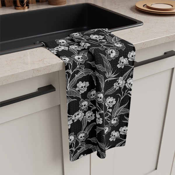 Gothic Floral Tea Towel, Spooky Black & White Skull Flower Kitchen Towel, Elegant Dark Cottagecore home decor Gift for Macabre Kitchen Witch
