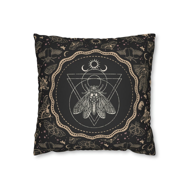 Witchy Cicada Pillow: Occult Esoteric Couch Accent - Dark Cottagecore Home Decor - Enchanting Gothic Witchcore Moth Faux Suede Throw Cushion image 2
