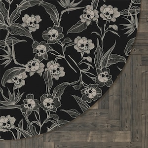 Round Gothic Floral Rug - 60x60 inches - Dark Macabre Elegance for Cottagecore or Spooky Tiki Home Decor - Tropical Goth Skull Flower Design