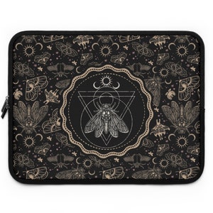 Occult Cicada Laptop Sleeve, Esoteric witchy moth protective tablet case in black, gold & cream. Enchanting gift for gothic digital nomad