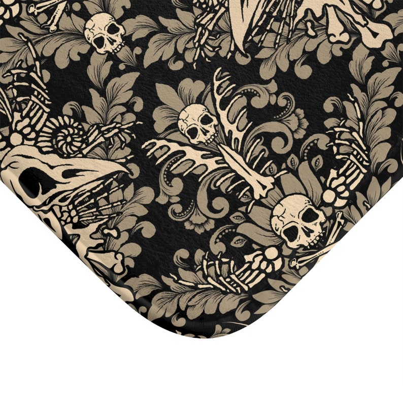 Damask Bones Bath Mat, Macabre Victorian Goth Skull shower rug in black & tan. A spooky accent to witchy bathroom home decor image 3