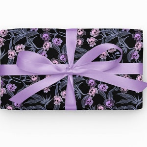 Pastel Goth Gift Wrap, Spooky yet elegant macabre floral craft or wrapping paper w/ pale pink & purple deadly beautiful skull flowers image 3