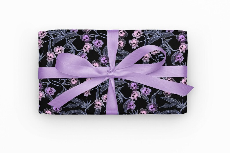 Pastel Goth Gift Wrap, Spooky yet elegant macabre floral craft or wrapping paper w/ pale pink & purple deadly beautiful skull flowers image 3