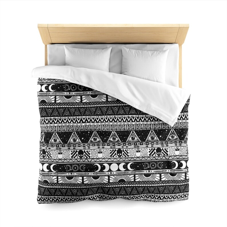Boho Goth Cotton Bedding, Witchy tribal striped duvet cover or pillowcase in black & white, esoteric bedroom accent for occult home decor image 3