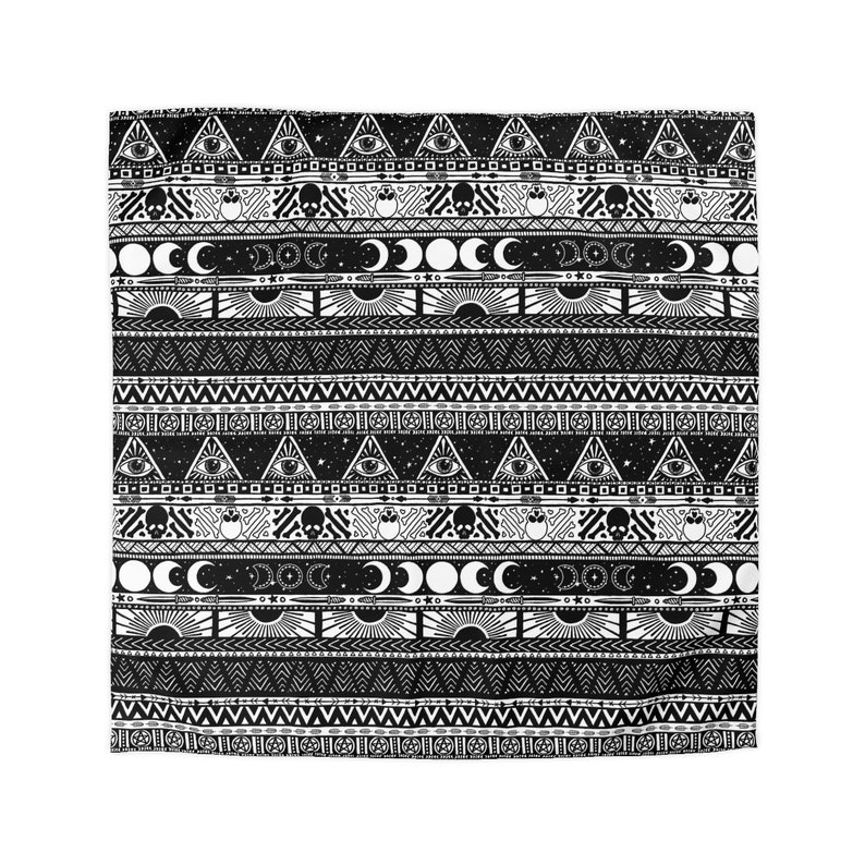 Boho Goth Cotton Bedding, Witchy tribal striped duvet cover or pillowcase in black & white, esoteric bedroom accent for occult home decor image 11