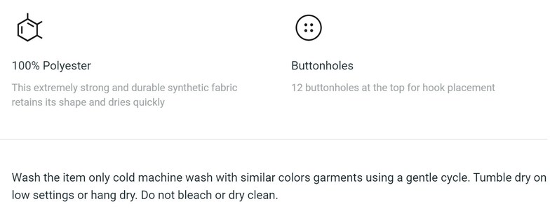 Op de afbeelding: 100% polyester stof, extreem sterk en duurzaam, behoudt zijn vorm en droogt snel. 12 knoopsgaten bovenaan voor het bevestigen van de haak. Was het item alleen koud in de machine met kleding van vergelijkbare kleuren met een zachte cyclus. Droog het in de droger op een lage stand of hang het te drogen. Niet bleken of chemisch reinigen.