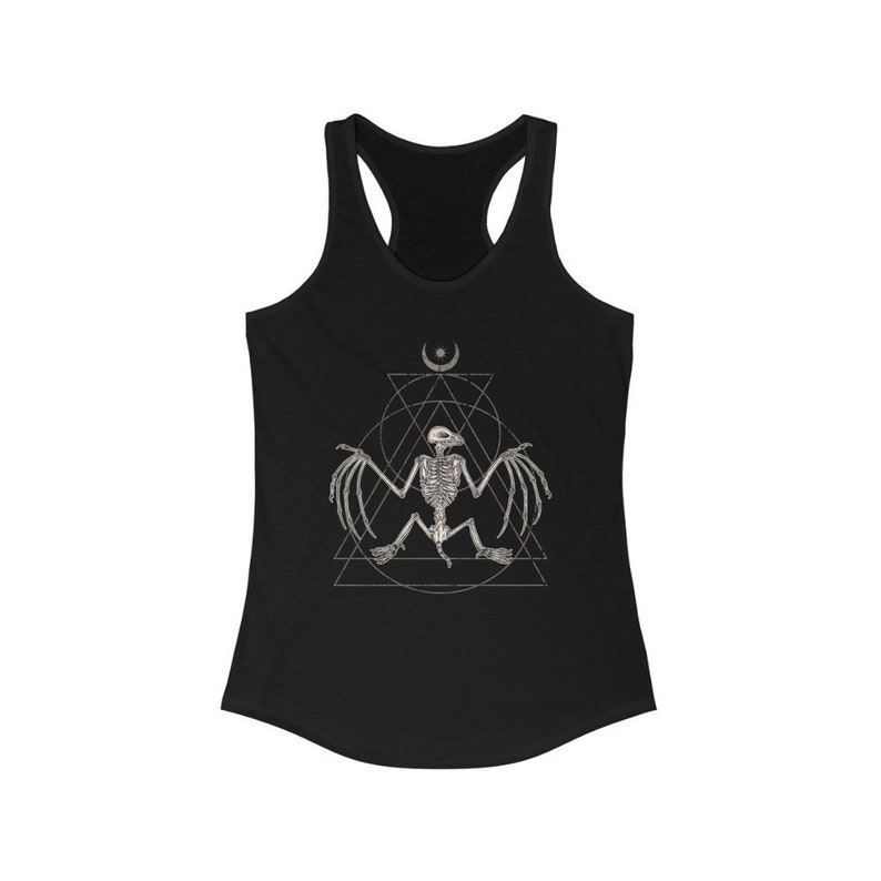 May include: Black tank top with a graphic of a bat skeleton inside a geometric design with a crescent moon and star above it.