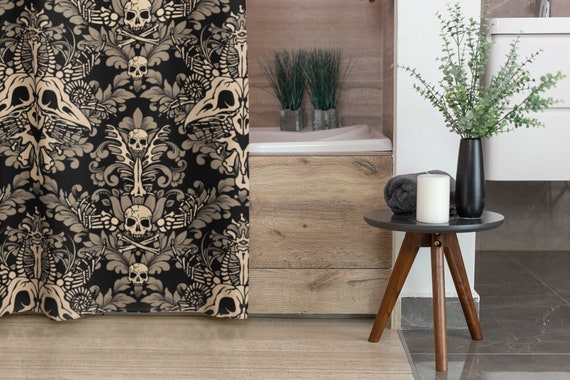 Damask Bones Shower Curtain, Macabre Victorian Goth Skull bath curtain for dark bathroom motif. A spooky occult accent to gothic home decor