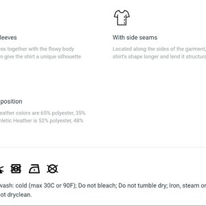 May include: Diagram showing the features of a t-shirt, including tailored sleeves, side seams, and fiber composition. The diagram also includes care instructions: machine wash cold, do not bleach, do not tumble dry, iron low heat, and do not dry clean.