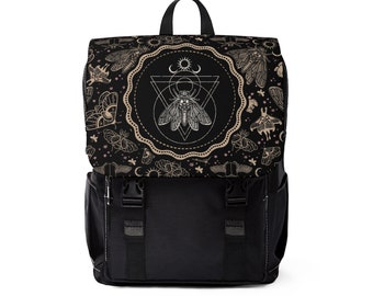 Witchy Cicada Book Bag w/ occult dark academia moth & scarab pattern. A spooky school backpack gift for whimsigoth student or digital nomad