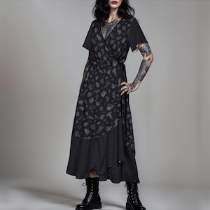 Witchy Wrap Dress, Spells & Potions Casual Maxi-Dress w/ Occult Witchcraft Print, Dark Elegant Witchcore Gothic Summer Fashion Gift for Goth