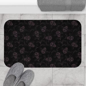 Dark Skull Bath Mat, Elegant Gothic Academia Human Skeleton Shower Rug in Black & Eggplant. A Spooky Whimsigoth Witchcore Home Decor Accent 34" × 21"