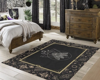Occult Cicada Rug, Witchy Moth Outdoor Area Carpet w gothic witch scarab pattern & esoteric sun and moon motif. Magick home decor