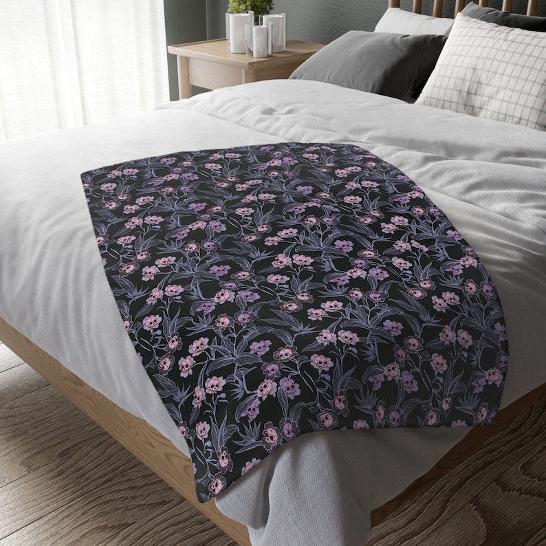 Pastel goth blanket w/ purple, pink & blue skull flowers and soft lilac minky back. A spooky nursery decor gift for the witchy gothic mom image 7