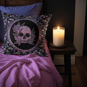 Pastel Goth Pillow. Pink & black floral skull vegan faux-suede decorative throw pillow, A spooky whimsigoth decor accent for the witchy home