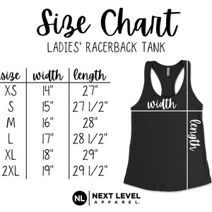 May include: Size chart for a racerback tank top, showing measurements in inches for width and length for sizes XS, S, M, L, XL, and 2XL.