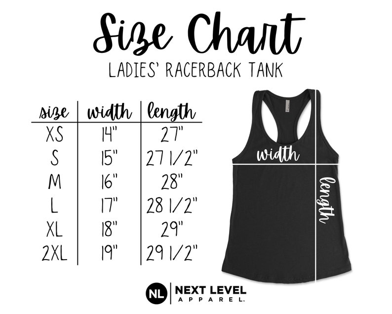 Op de afbeelding: Maattabel voor een racerback tanktop met afmetingen in inches voor breedte en lengte. De maten omvatten XS, S, M, L, XL en 2XL.