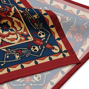 Dancing Skeleton Bandana, Spooky Autumn Goth Headscarf w/ Sugar Skulls & Bats, Macabre Tarot Wrap Cloth, Cute Witchy Red Gothic Pet Collar