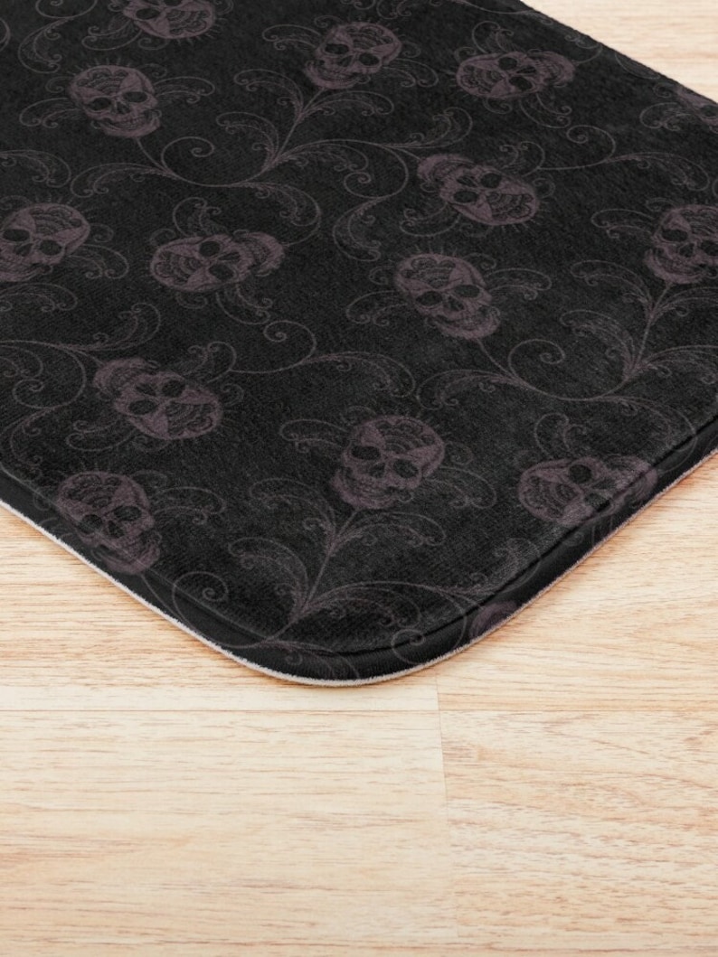 Dark Skull Bath Mat, Elegant Gothic Academia Human Skeleton Shower Rug in Black & Eggplant. A Spooky Whimsigoth Witchcore Home Decor Accent image 1