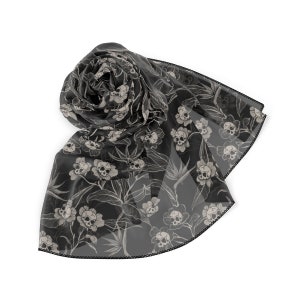 Gothic Floral Sheer Scarf, Elegant spooky tiki skull flower poly voile headscarf, altar cloth or neckwear fashion accessory in black & cream image 2