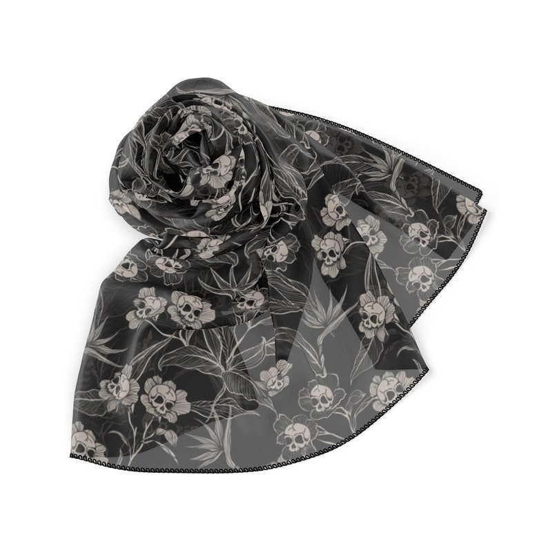 Gothic Floral Sheer Scarf, Elegant spooky tiki skull flower poly voile headscarf, altar cloth or neckwear fashion accessory in black & cream image 2