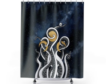 Sea Witch Shower Curtain, bathroom decor w/ celestial gothic kraken octopus tentacles & esoteric witchy gold moon phases spacecore galaxy