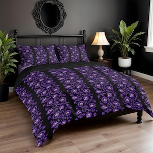 Purple Victorian Bedding Set, Gothic Baroque Floral 3-Piece Duvet Cover & Pillowcases, Skull Flower Bedroom Decor for Goth Maximalist Home