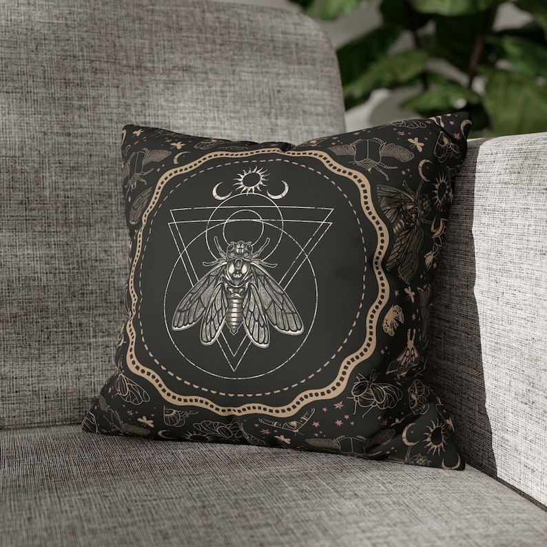 Witchy Cicada Pillow: Occult Esoteric Couch Accent - Dark Cottagecore Home Decor - Enchanting Gothic Witchcore Moth Faux Suede Throw Cushion image 4