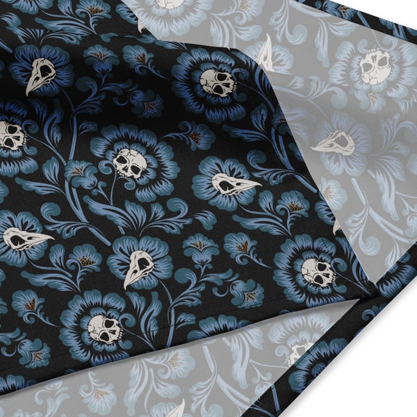 Victorian Skull bandana, versatile blue goth floral cloth for use as witchy headscarf, tarot wrap, dog collar, spooky hankie, macabre scarf