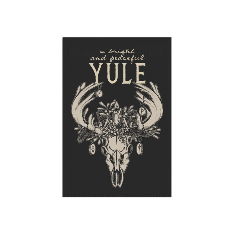 Yule Reindeer Garden Flag, Gothic Deer Skull Yard or House Banner for Witchy Holiday Vibes, Pagan Christmas Decor Gift for Winter Solstice 12x18 Inches