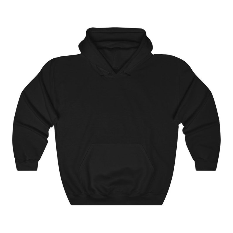 May include: A solid black hooded sweatshirt with a kangaroo pocket. The hoodie has a drawstring and a hood. The material appears to be a soft, medium-weight fabric. The sweatshirt is a casual garment.