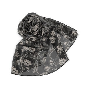 Gothic Floral Sheer Scarf, Elegant spooky tiki skull flower poly voile headscarf, altar cloth or neckwear fashion accessory in black & cream image 6