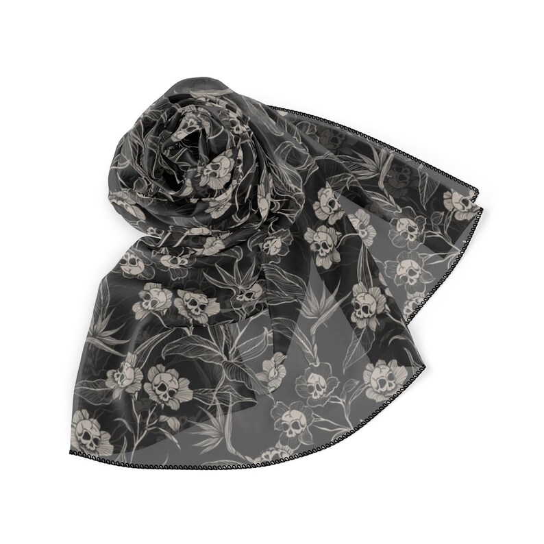 Gothic Floral Sheer Scarf, Elegant spooky tiki skull flower poly voile headscarf, altar cloth or neckwear fashion accessory in black & cream image 6