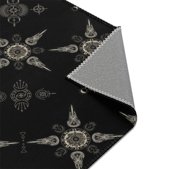 Occult Area Rug, Esoteric goth tarot & raven skull carpet, Dark gothic living room decor, Witchy dining room accent rug,Satanic nursery mat