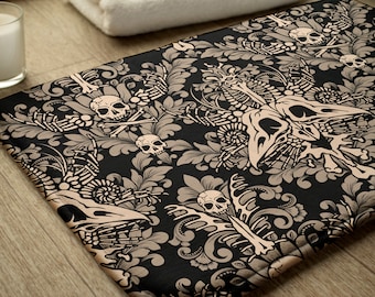 Damask Bones Bath Mat, Macabre Victorian Goth Skull shower rug in black & tan. A spooky accent to witchy bathroom home decor