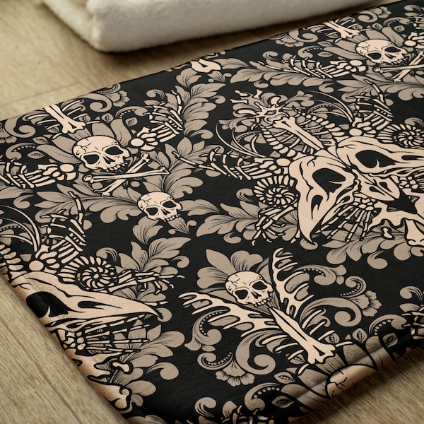 Damask Bones Bath Mat, Macabre Victorian Goth Skull shower rug in black & tan. A spooky accent to witchy bathroom home decor