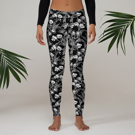 Gothic Floral Leggings, Black & White Spooky Skull Flower Yoga Pants, Witchy Macabre Workout Wear for Creepy Cute Casual Goth Fashion Vibes